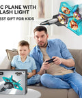Father and son playing with foam remote control airplanes for kids and adults, 360 degree flip fighter jet with light.