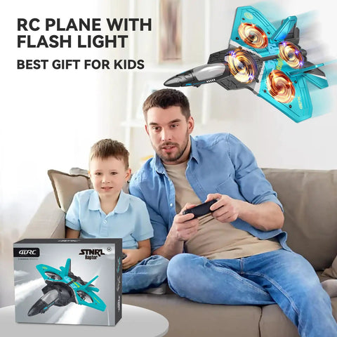 Father and son playing with foam remote control airplanes for kids and adults, 360 degree flip fighter jet with light.