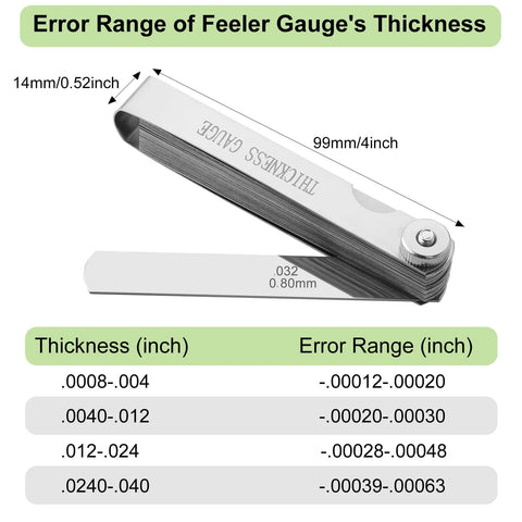 Guslcez stainless steel 32‑blade feeler gauge with metric and imperial scales, angled side view