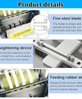 Heavy Duty Automatic Heat Shrink Tube Cutter Machine With Electric Power For Fast And Precise Fiberglass Sleeving Cutting showing fine steel blade, straightening device, and feeding rubber wheel.