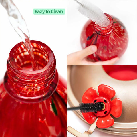 34 Oz Hand Blown Glass Hummingbird Feeder with Ant Moat, showing close-up of leakproof metal base and safe copper ports.