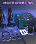 Dual Wireless USB Microphone Kit With 2.4GHz Wireless Tech Noise Reduction Tap To Mute And Monitor Gain visible with accessories