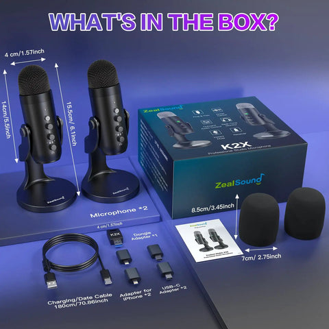 Dual Wireless USB Microphone Kit With 2.4GHz Wireless Tech Noise Reduction Tap To Mute And Monitor Gain visible with accessories