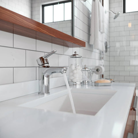 Modern Single Handle Bathroom Faucet For 1 Hole Sink In Polished Chrome With Pop Up Drain And Push And Seal Technology in bathroom sink view