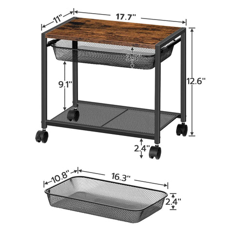 Under Desk Printer Stand With Wheels, Industrial Grade 2 Tier Printer Cart On Casters, Rustic Brown And Black Finish, Easy Assembly
