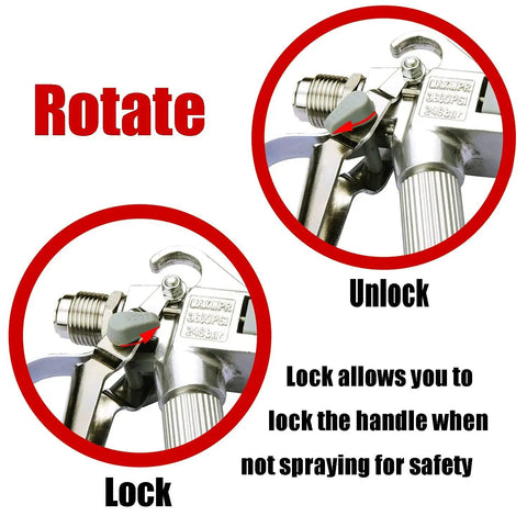 Built Tough Airless Paint Spray Gun With Nozzle Guard For Pump Sprayer 3600 Psi showing lock and unlock feature for safety.