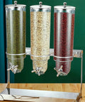 Game Changing Clear Cereal Dispenser For Countertop Kitchen Organization With Secure Lock Clip featuring three clear containers with snacks.