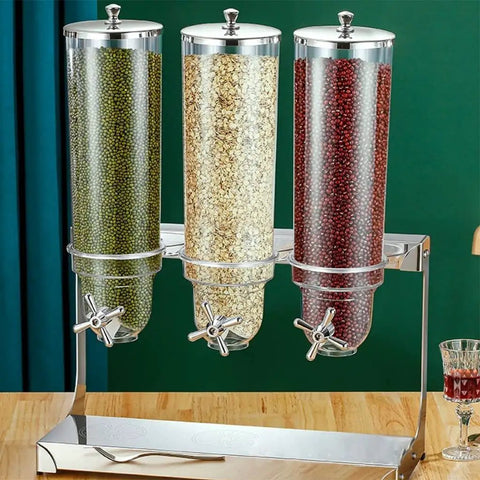 Game Changing Clear Cereal Dispenser For Countertop Kitchen Organization With Secure Lock Clip featuring three clear containers with snacks.