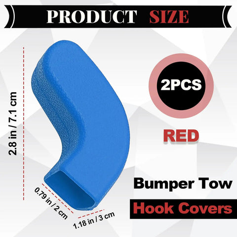 Blue Front Bumper Tow Hook Covers Kit, 2Pcs shown in size dimensions for Jeep Wrangler JL JK 4Xe Gladiator JT 2007-2025