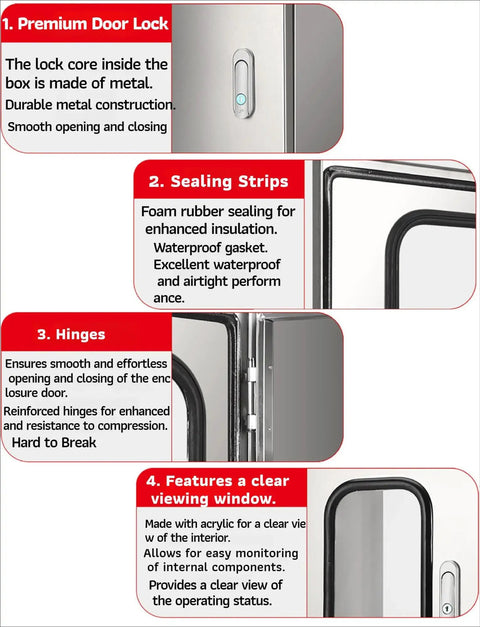 Rock Solid Wall Mount EV Charger Enclosure Box With Clear View Port And Hella Tough Corrosion Resistant Metal Shield showing premium lock and hinges.