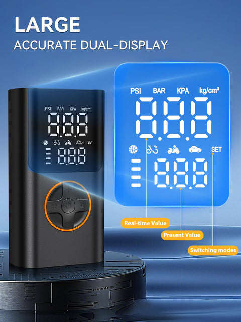 Portable Tire Inflator With Gauge And USB Charging Output, 150 PSI Fast Air Compressor LCD display showing pressure units