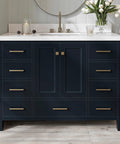 Installed Champagne Bronze Cabinet Knobs Set 10 Pack For Kitchen Cabinets And Drawers on dark vanity in bathroom