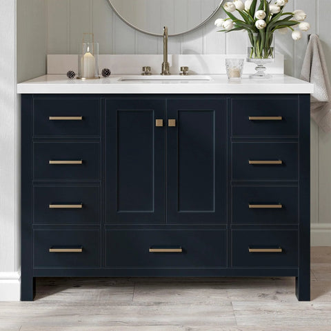 Installed Champagne Bronze Cabinet Knobs Set 10 Pack For Kitchen Cabinets And Drawers on dark vanity in bathroom