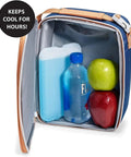 Slim Reusable Gel Ice Packs Set Of 8 Bpa Free Space Saving Cooler Block inside a lunch bag with water bottle and apples.