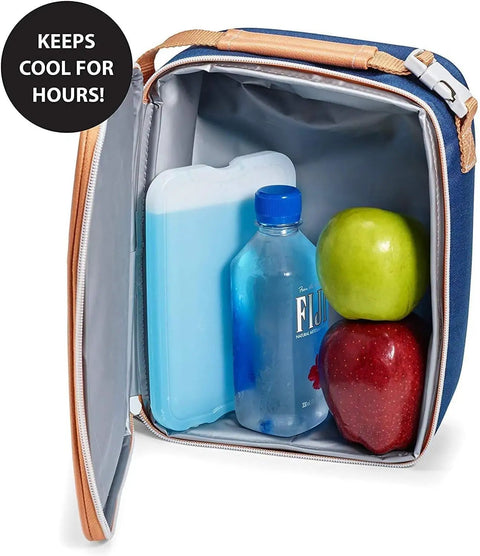 Slim Reusable Gel Ice Packs Set Of 8 Bpa Free Space Saving Cooler Block inside a lunch bag with water bottle and apples.