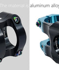 Beefy Aluminum MTB Bike Stem 30 Degree Rise, black and blue finish, close-up view of 31.8mm clamp and 6061 T6 aluminum material