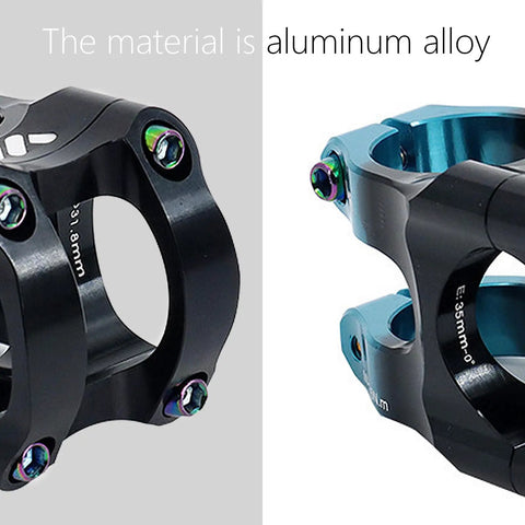 Beefy Aluminum MTB Bike Stem 30 Degree Rise, black and blue finish, close-up view of 31.8mm clamp and 6061 T6 aluminum material