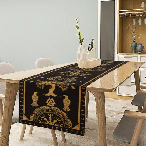 Tree Of Life Dope Abstract Table Runner 13x60 Inches With Golden Black Celtic Geometric Dragon Boat Rudder Motifs on dining table