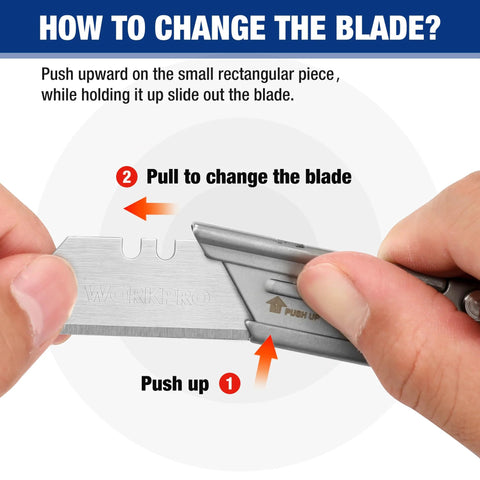 WORKPRO 2-pack EDC folding utility knives with quick-change blade; close-up of blade-change mechanism.