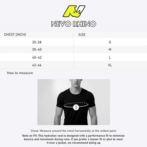 Ultralight Running Hydration Vest With Two 500ml TPU Soft Flasks size guide and chest measurement instructions, unisex