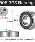 Diagram showing size and dimensions of 608 RS Chrome Steel Ball Bearings 100 Pack 8x22x7mm Pre Lubricated Double Rubber Sealed ABEC 3