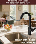DAYONE Black Square Kitchen Faucet - Modern Pull-Down Sprayer with 2-Mode Kitchen Sink Faucet, 360° Swivel Fits Bar/RV Sinks, SUS 304 Stainless Steel with Square Deck Plate in a kitchen setting, hose length 20in.