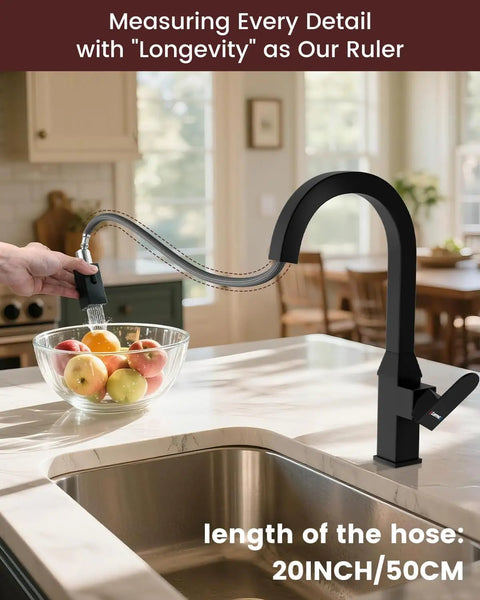 DAYONE Black Square Kitchen Faucet - Modern Pull-Down Sprayer with 2-Mode Kitchen Sink Faucet, 360° Swivel Fits Bar/RV Sinks, SUS 304 Stainless Steel with Square Deck Plate in a kitchen setting, hose length 20in.