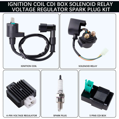 Beefed Up Ignition Coil Kit With 5 Pin CDI Box Solenoid 4 Pin Relay And Voltage Regulator Spark Plug Set for ATVs and Bikes
