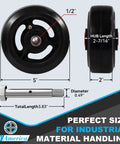 Beefy Heavy Duty 5x2 Rubber On Cast Iron Industrial Casters For Trash Bins And Dumpsters, Smooth Quiet Rolling, dimensions