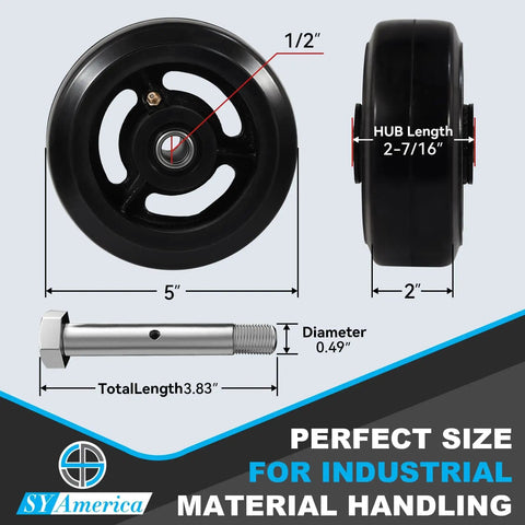 Beefy Heavy Duty 5x2 Rubber On Cast Iron Industrial Casters For Trash Bins And Dumpsters, Smooth Quiet Rolling, dimensions