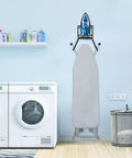Wall Mount And Over The Door Ironing Board Holder With Large Storage Basket in laundry room with attached gray ironing board.