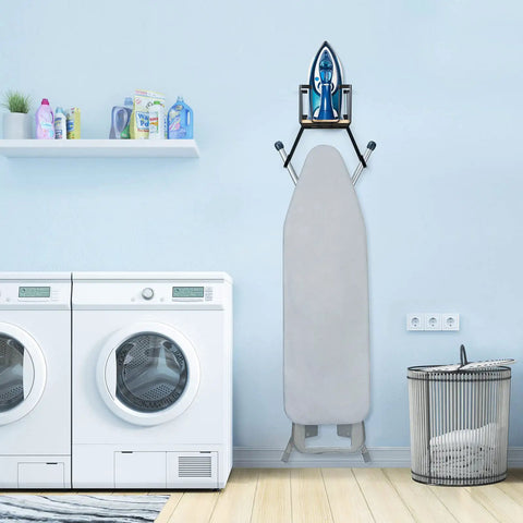 Wall Mount And Over The Door Ironing Board Holder With Large Storage Basket in laundry room with attached gray ironing board.