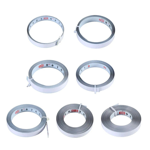 Precision Folding Tape Measure And Measuring Ruler Kit For Tough Woodworking Jobs High Visibility White Finish showing six flexible tape measures.