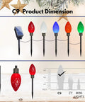 C9 LED garden lights with solar panel and multi-colored bulbs against holiday decor, showing product dimensions.