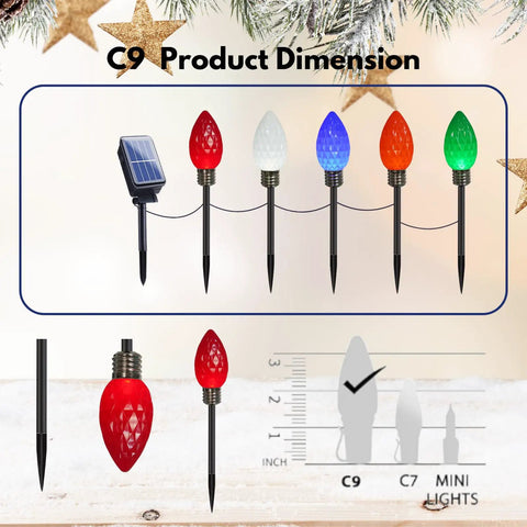 C9 LED garden lights with solar panel and multi-colored bulbs against holiday decor, showing product dimensions.