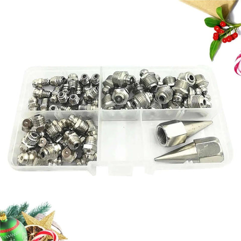 Top Notch Grease Fitting Kit With Assorted Lubricating Screw Nozzle Angle Nipples And Bearing Tool Box Featuring One-Way Check Valve Spring Ball Sealer To Stop Backflow And Keep Gears Running Smooth As Butter, metal kit in storage case
