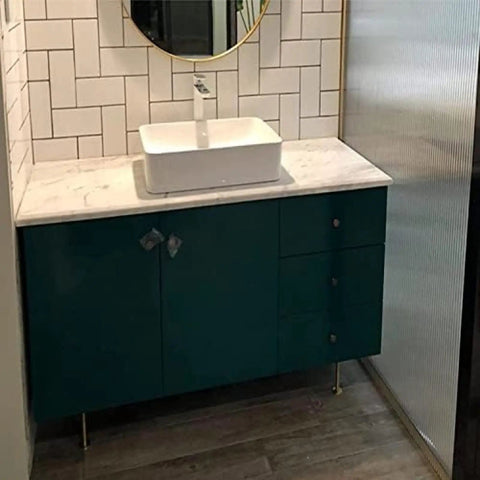 Bathroom cabinet with gold finish furniture legs, showcasing Four Pack Adjustable Solid Brass Furniture Legs For Sofa, Cabinet, Coffee Table, TV Stand, Bathroom Cabinet And More - Gold Finish 250mm 9.84in Heavy Duty Metal Sofa Support Legs under a marble countertop and sink