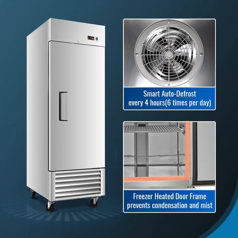 Tough As Nails 27 Wide Commercial Freezer 23 Cubic Ft Stainless Steel Reach In Upright Freezer with smart auto-defrost and heated door frame.