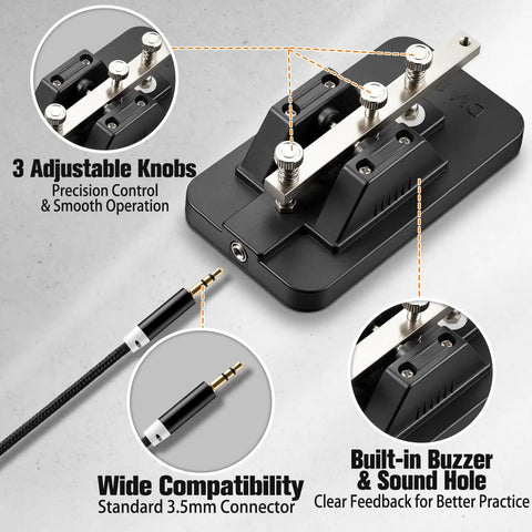 Kickstart Your Amateur Radio Journey With This Sweet Portable Morse Code Trainer Key Featuring Buzzer And Voice Prompts To Make Learning CW A Blast For Beginners Who Want To Master Manual Tapping Like Real Pro Radio Operator Today. Black Morse code trainer key with 3 adjustable knobs and 3.5mm connector