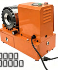 Top Notch Portable Electric Hydraulic Hose Crimper Machine With Limit Switch And Updated Housing shown with nine crimping dies.