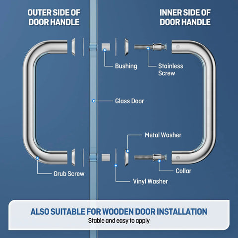 Diagram of Polished Chrome 6-Inch Tubular Back-To-Back Shower Door Handle For Glass And Wood Or Metal Doors installation.