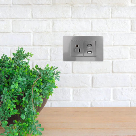 15 Amp Us Standard Wall Outlet With Dual Usb Charging Ports, Built Tough Pp Housing With Genuinely Solid Bronze Contacts, No-Hassle Hookup For Desk Lamps And Bedside Tables, Secure Screw Mount Receptacle on a grey wall with green plant.