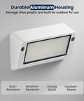 Aluminum RV porch light with dual color white and amber, durable white housing, IP67 waterproof, wall-mounted view.