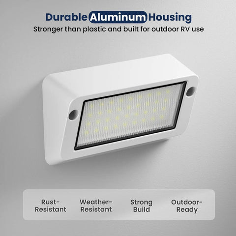 Aluminum RV porch light with dual color white and amber, durable white housing, IP67 waterproof, wall-mounted view.