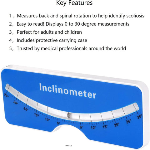 Portable Scoliometer For Spine Contour And Alignment Measurement, Lightweight Back Deformity Gauge With Metal Ball Insert, Easy To Use Spine Slope Tool For Quick Assessment And Diagnosis, Durable And Ready For Clinic Or Home. Blue 0-30° inclinometer with carry case