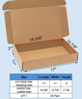 Open Shipping Boxes 17x11x3 Inches, 20 Pack Corrugated Cardboard Mailing Boxes, Kraft Brown, dimensions shown.