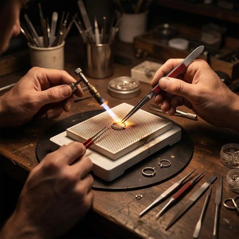 5 Piece Jewelry Soldering Kit With Honeycomb Ceramic Welding Boards in use, showing soldering process with tweezers