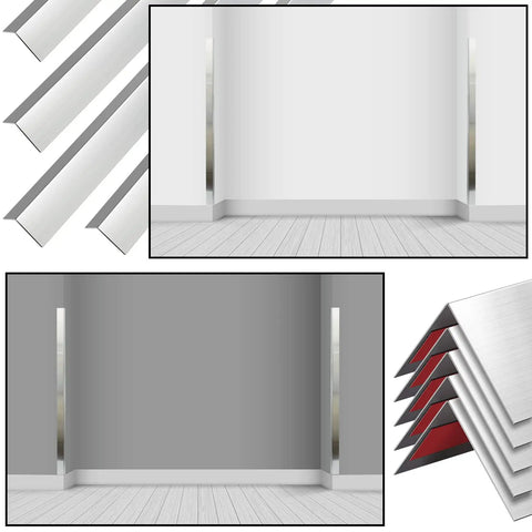 Premium 304 Stainless Steel Corner Guards Rock Solid Wall Edge Protectors displayed on walls in light and dark environments.