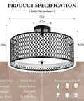 17 Inch Semi Flush Mount Ceiling Light Fixture With Three Light E26 Base Dope Modern Double Drum Design In Matte Black Iron Mesh Cage With Glass Diffuser product specifications.