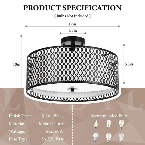 17 Inch Semi Flush Mount Ceiling Light Fixture With Three Light E26 Base Dope Modern Double Drum Design In Matte Black Iron Mesh Cage With Glass Diffuser product specifications.